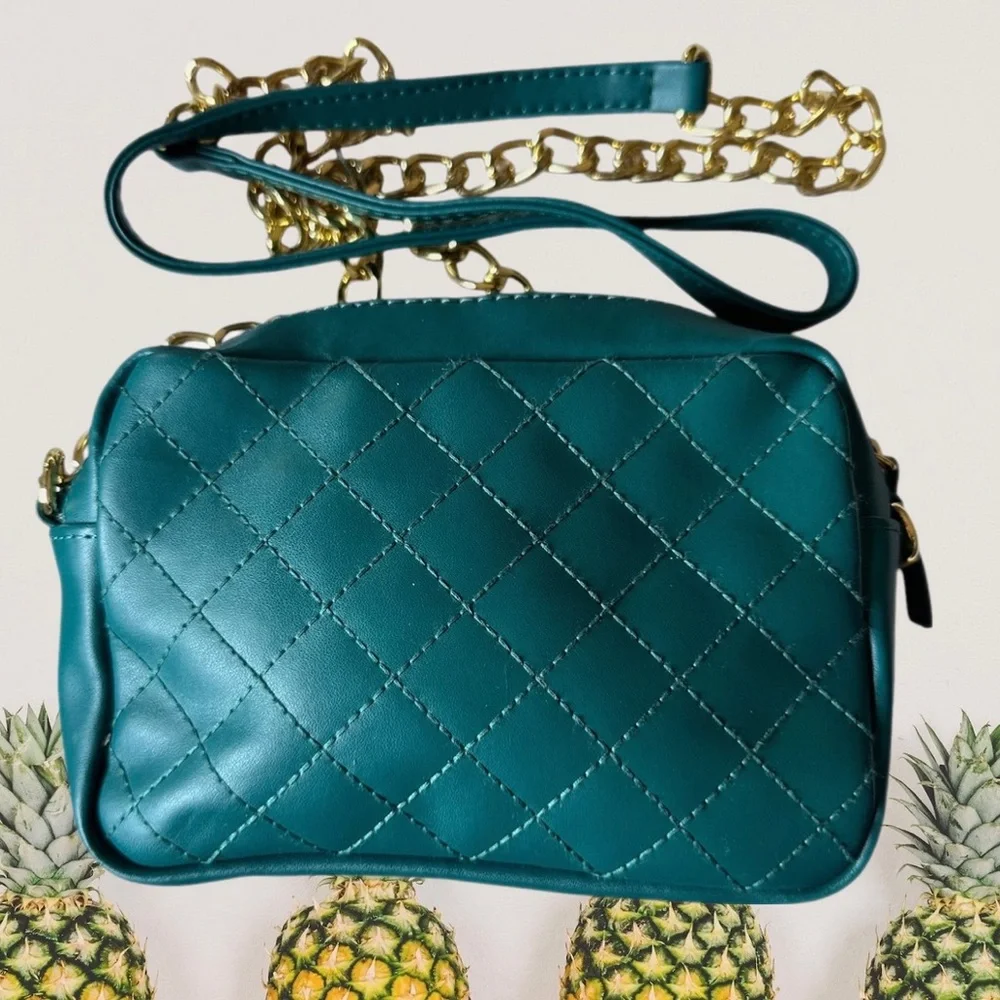 IMAN Teal Green Quilted Leather Crossbody with Gold Chain